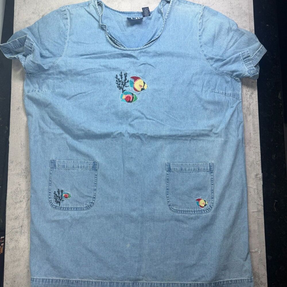 CB Casual Denim Tunic 3X Blue Fish Embroidery